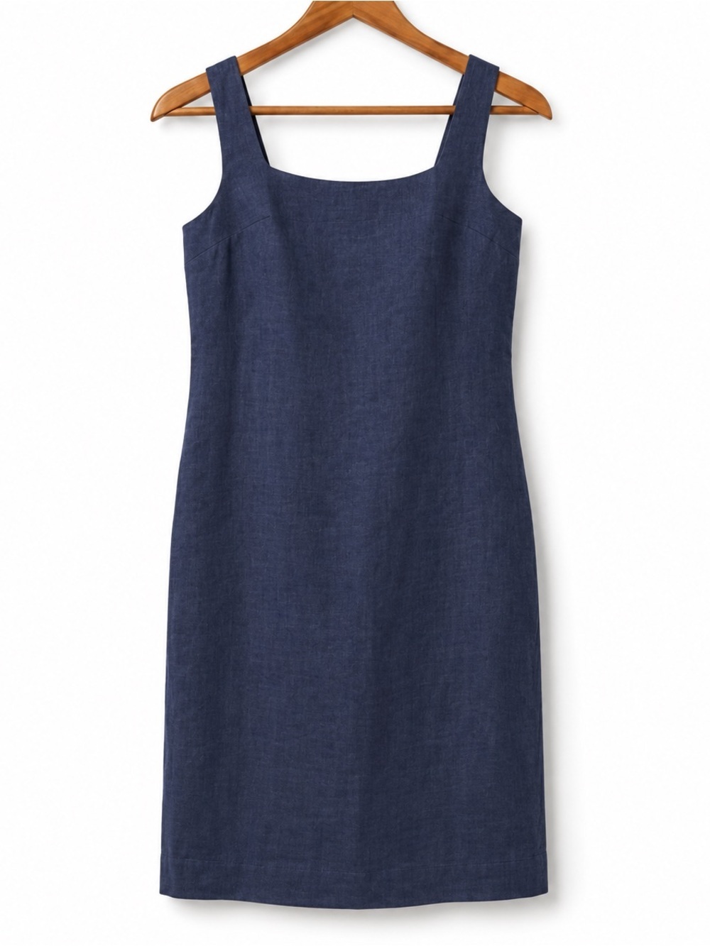 Brian Bailey Blue 100% Linen Sheath Dress Square Neck Sleeveless Midi Size 8